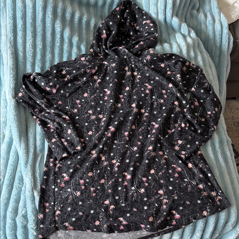 LuLaRoe Amber Black Floral Hoodie with Pink Accents